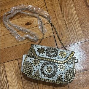 NWT Antik Kraft Gold and White Mosaic Clutch & Crossbody Bag